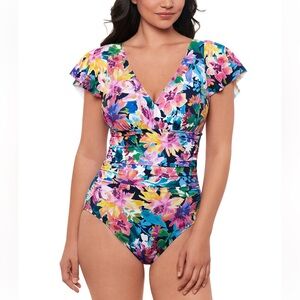 NWT Swim Solutions Sz 8 Garden Dreams Flutter Sleeve One-Piece Swimsuit Ret $102
